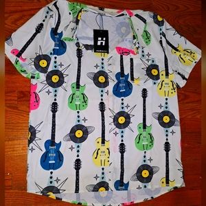 🎸Guitar Polyester Button Down Sz L 🎵🎼